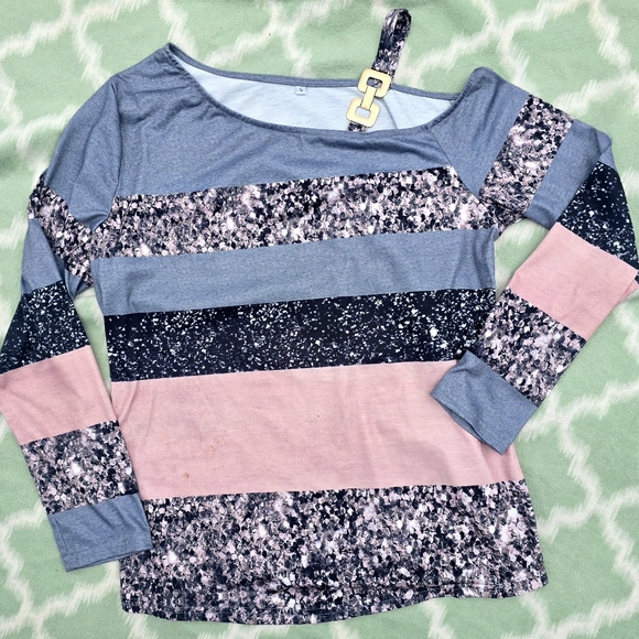 🟣 Womens Colorblock Pink Grey Black Chain Detail Off Shoulder Casual Top - Picture 2 of 7